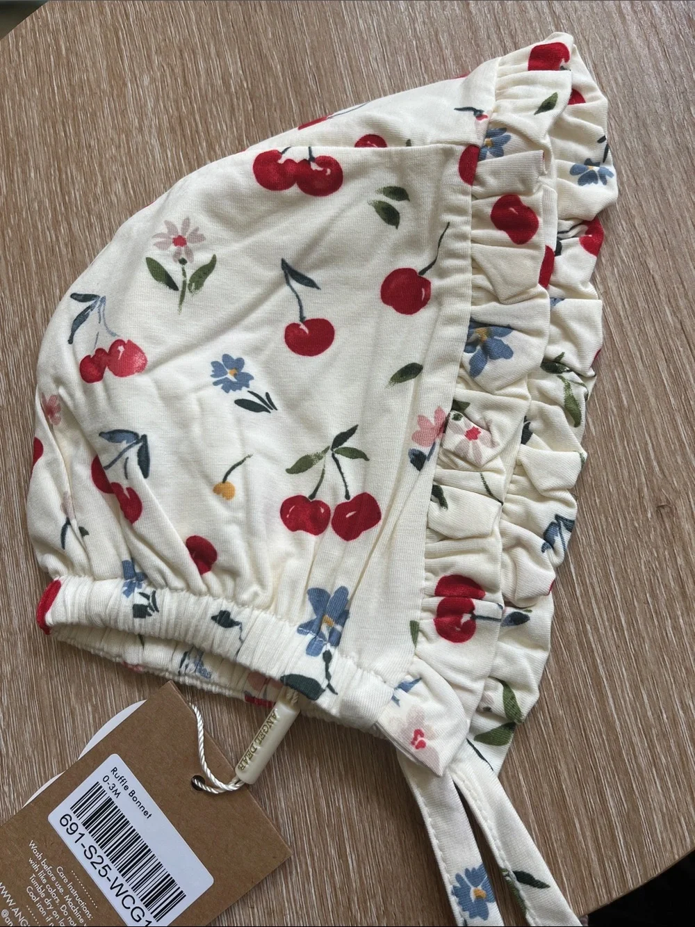 Angel Dear Cream Cherry & Floral Ruffle Bonnet NWT
